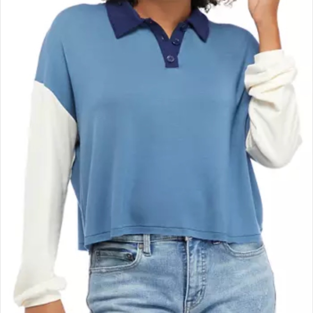 NWT! Belk True Craft Drop Shoulder Sleeve Color Block Knit Blue White Polo Shirt